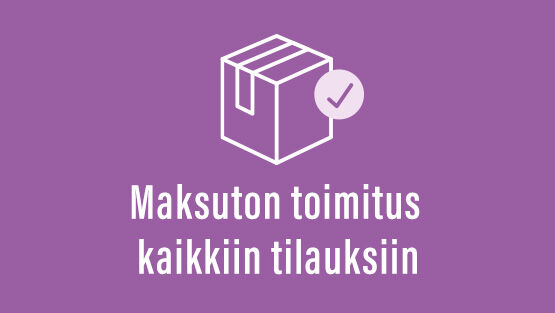 Maksuton toimitus kaikkiin tilauksiin -teksti ja paketti-ikoni lilalla taustalla